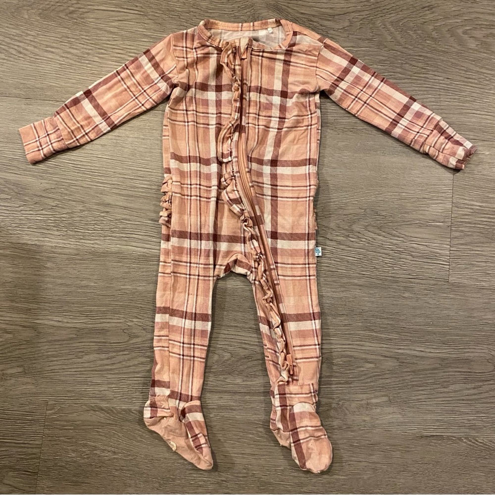 Posh Peanut 3-6 months Plaid Zippered Footie Pajama Stephanie Pink Ruffles